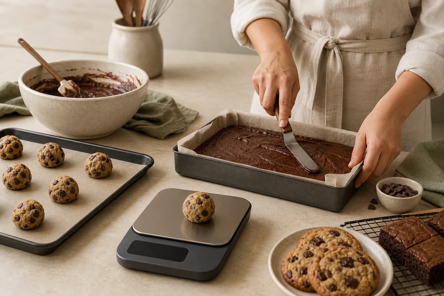 Cookie dough portions and brownie batter prepared with weighing and even pan handling