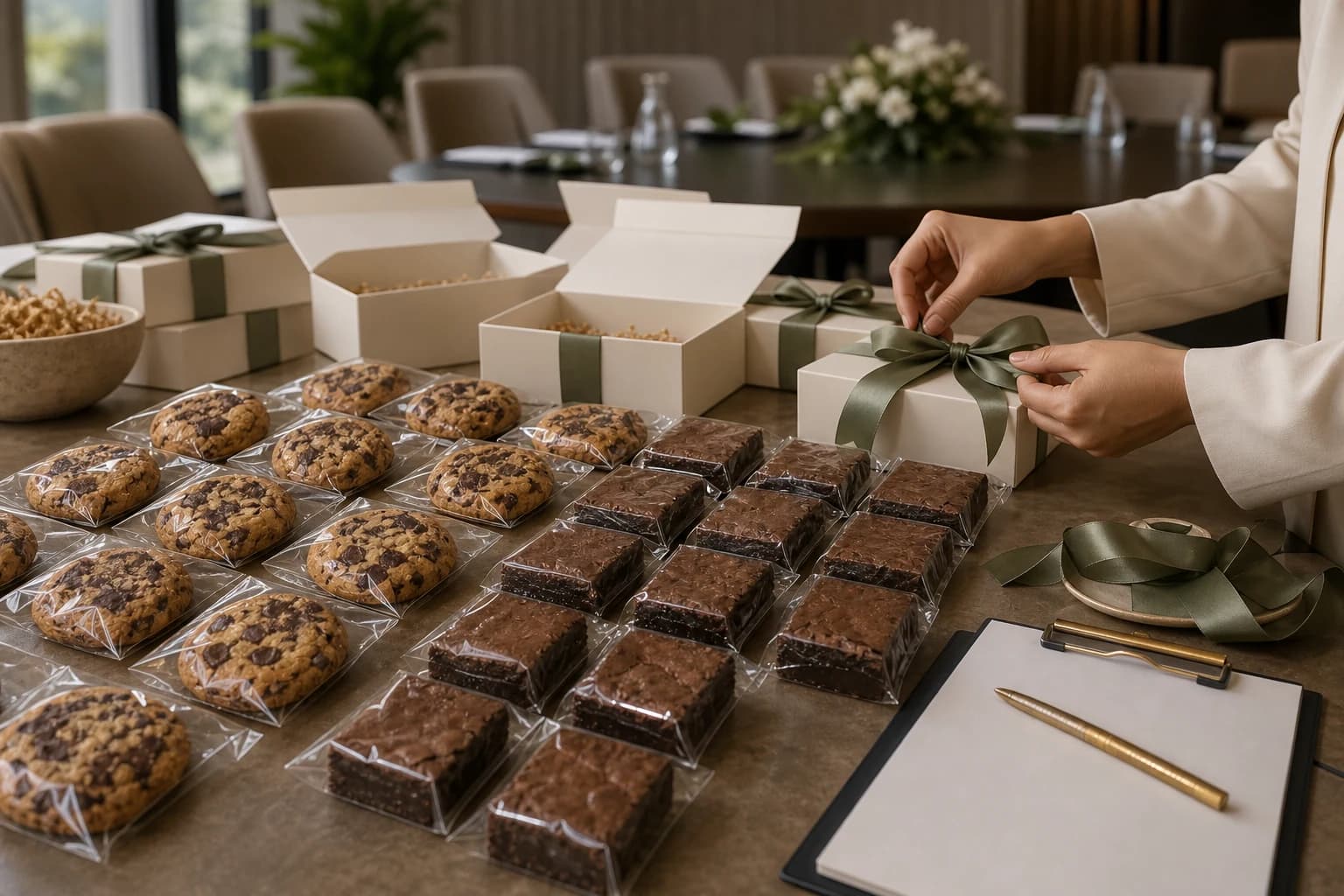 Individually packed Noisette cookies and brownies arranged for a corporate order