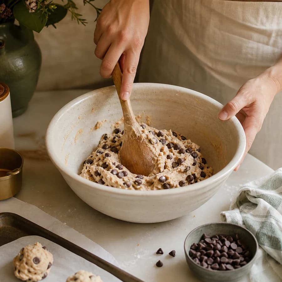 Cookie dough being mixed with chocolate chips
