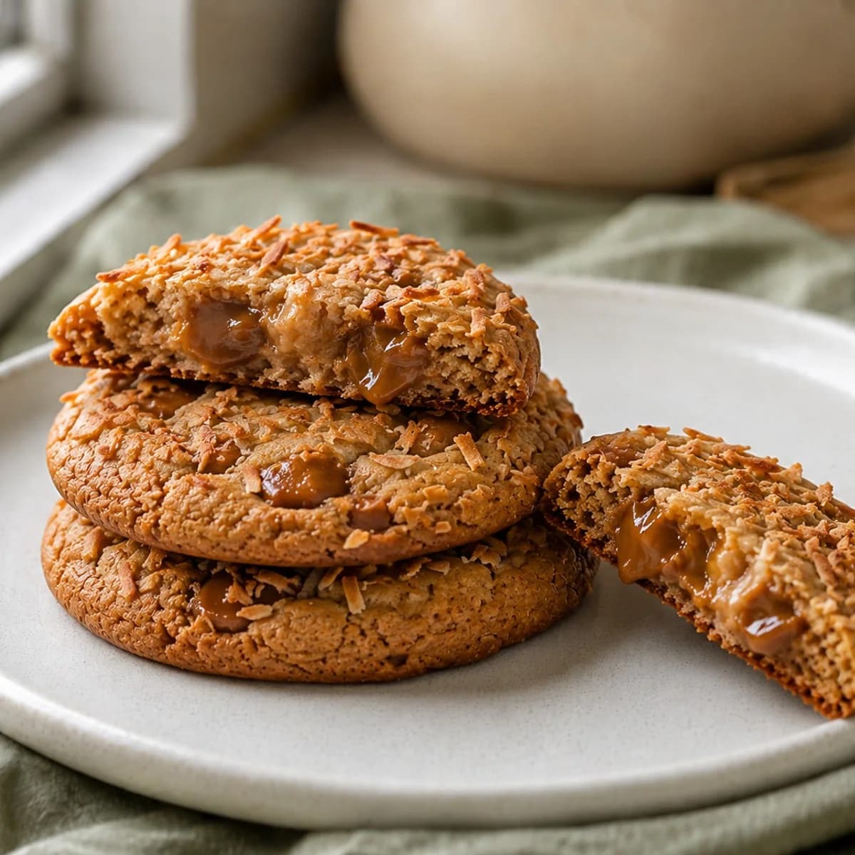 Coco-Caramel cookies with toasted coconut and melted caramel