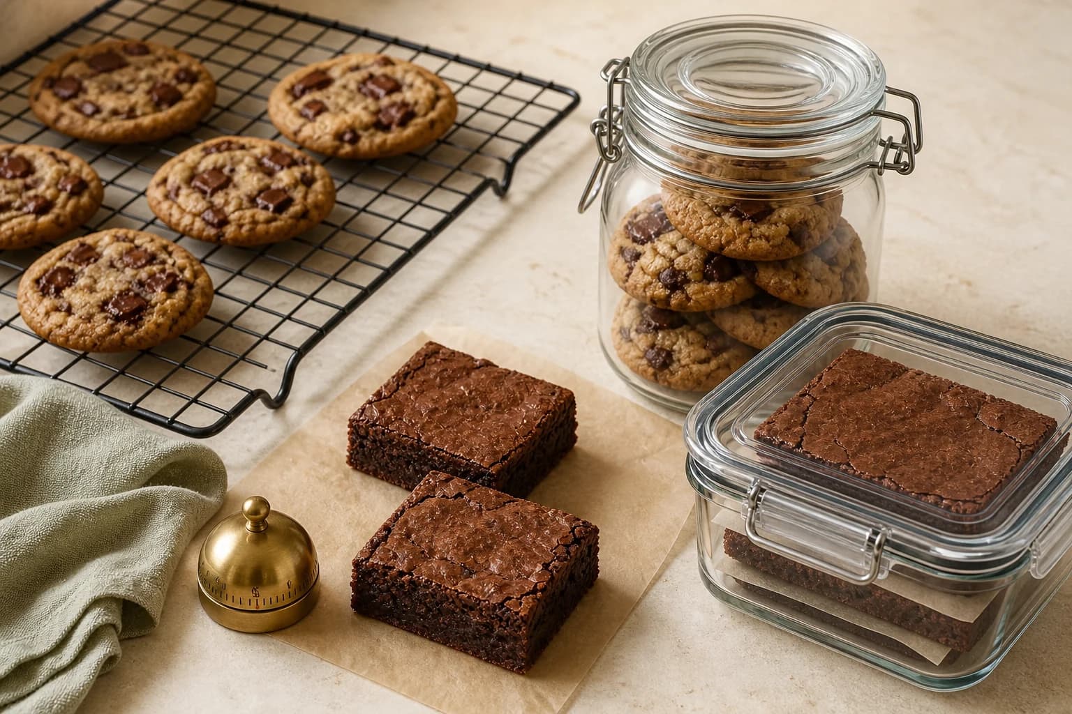 Noisette cookies cooling beside airtight cookie and brownie storage containers