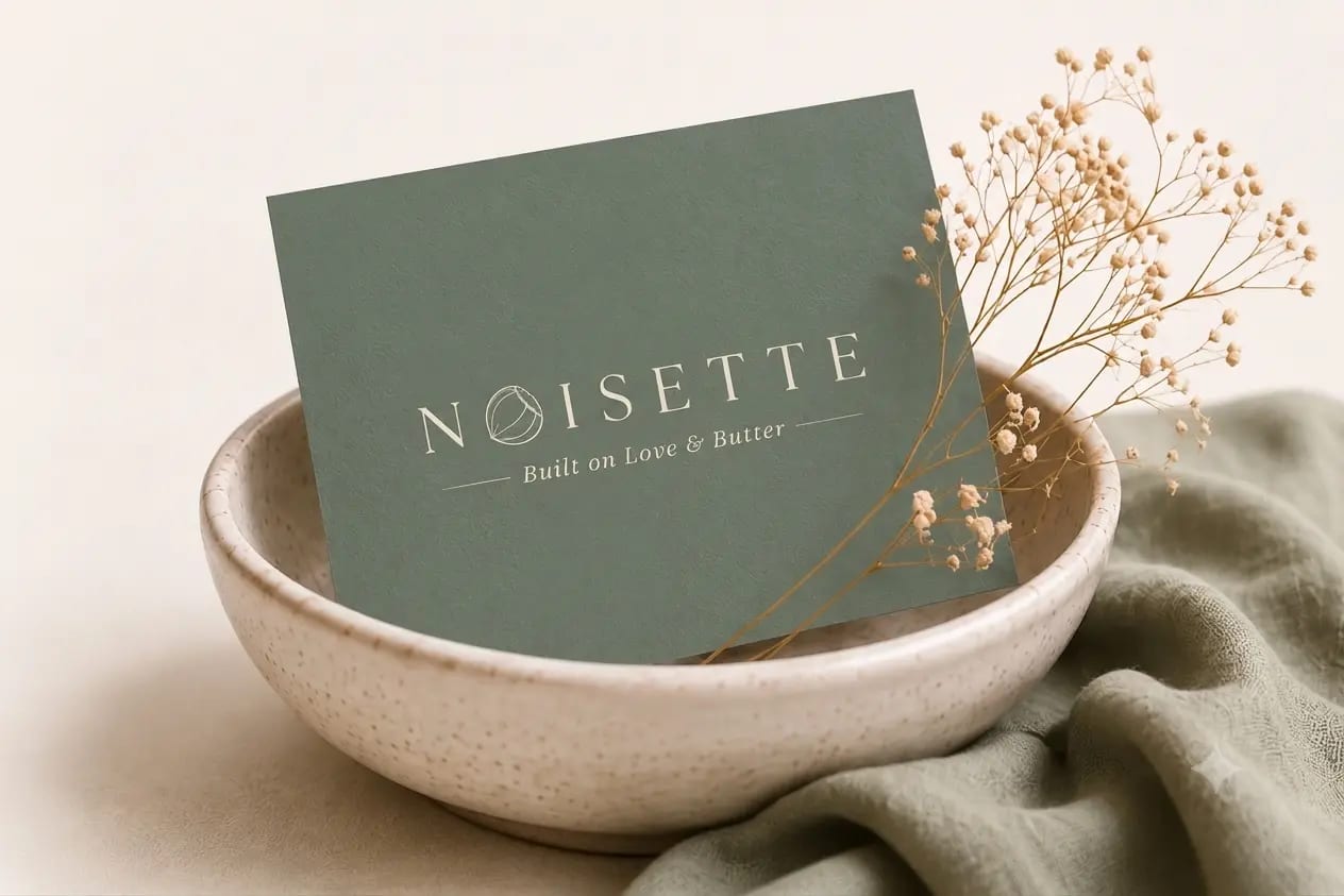 Noisette card placed inside a ceramic bowl with dried flowers