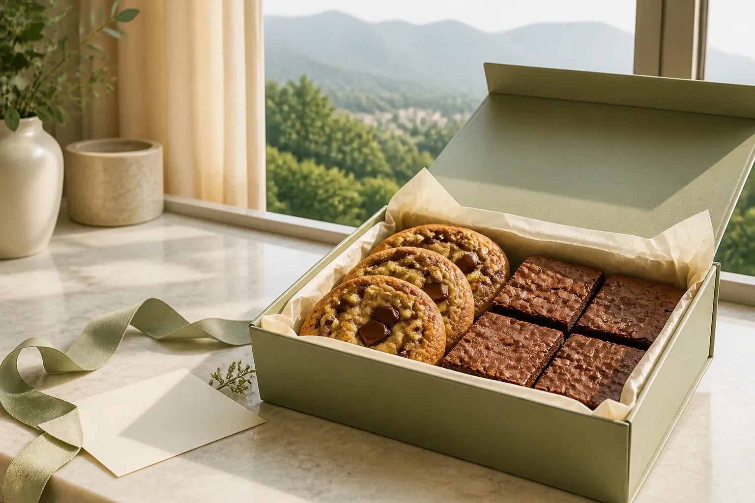 Open sage delivery box with Noisette cookies and brownies overlooking Islamabad's Margalla Hills
