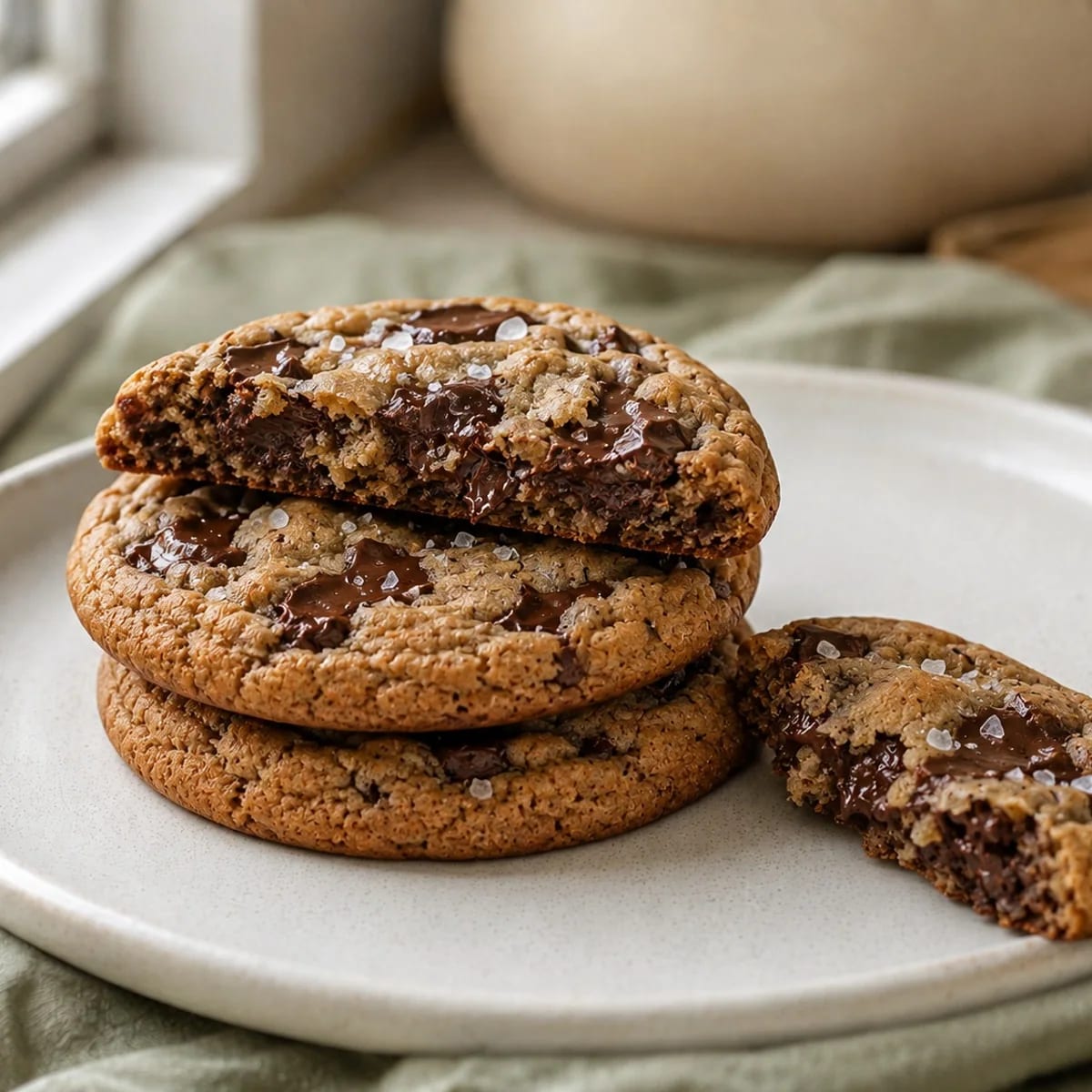 Stacked Choco Chunk cookies with dark chocolate and flaky sea salt