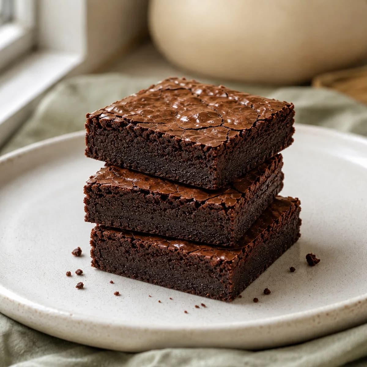 Stack of dense Classic Fudge brownies