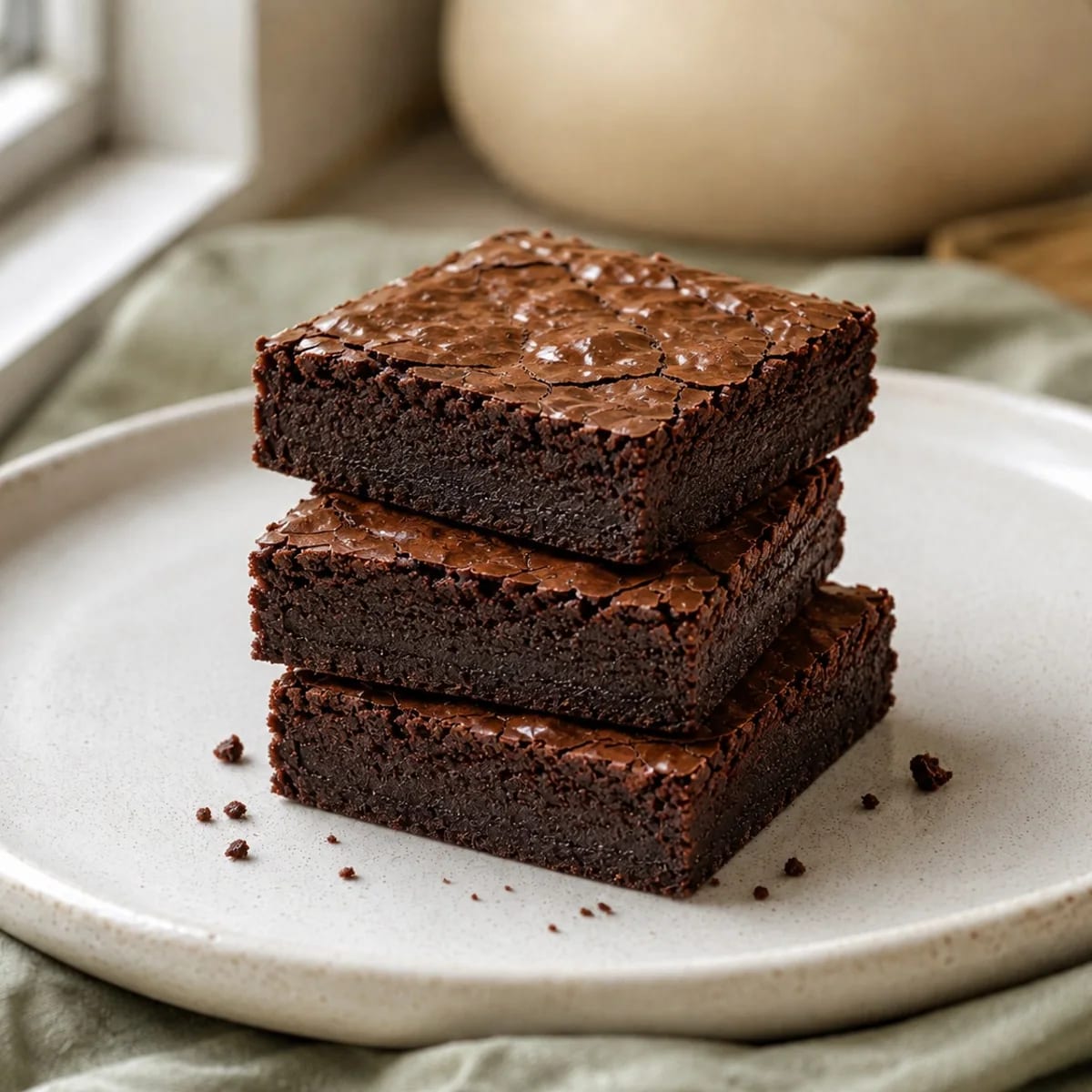 Stack of dense Classic Fudge brownies