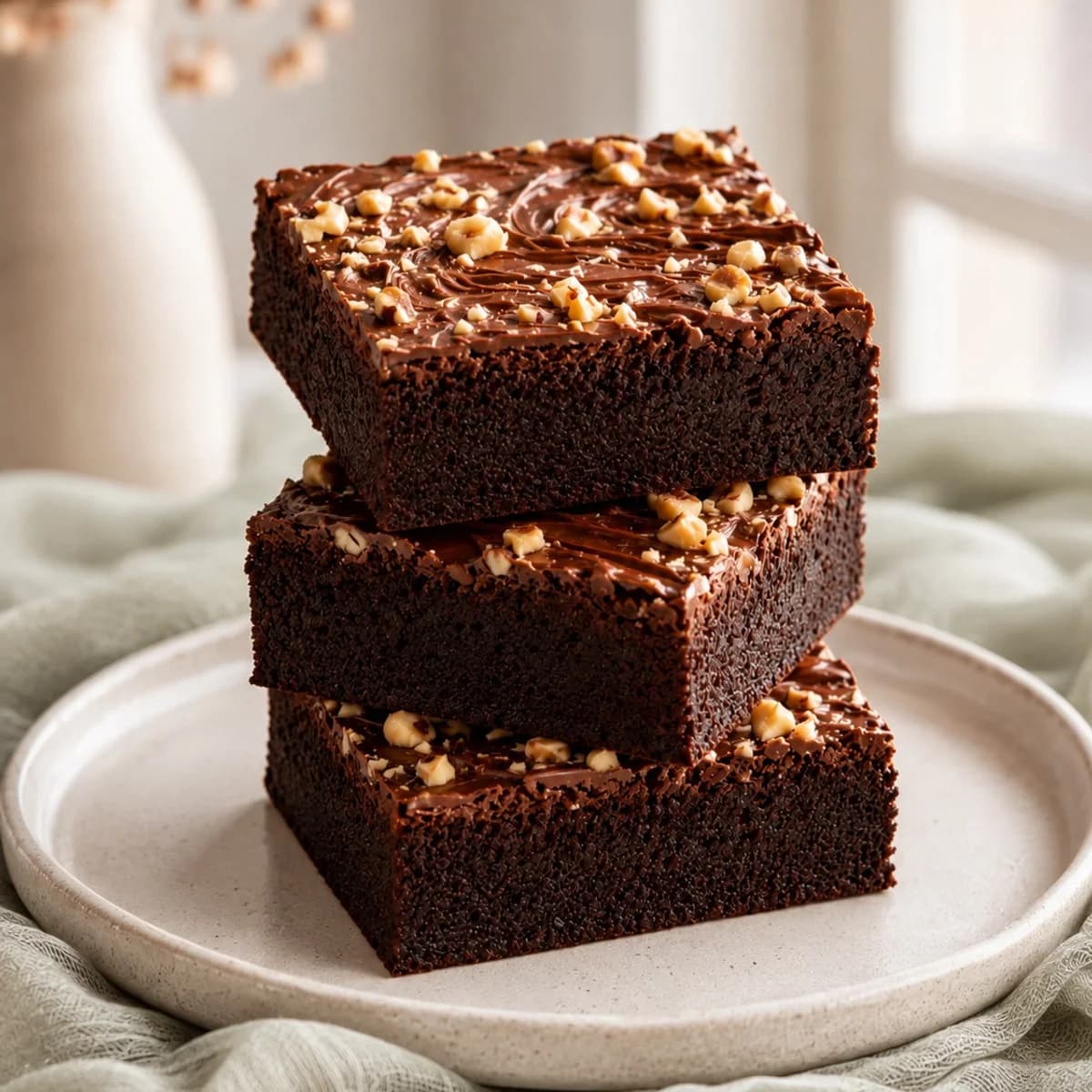 Stacked Hazelnut Crunch brownies with chocolate hazelnut swirl
