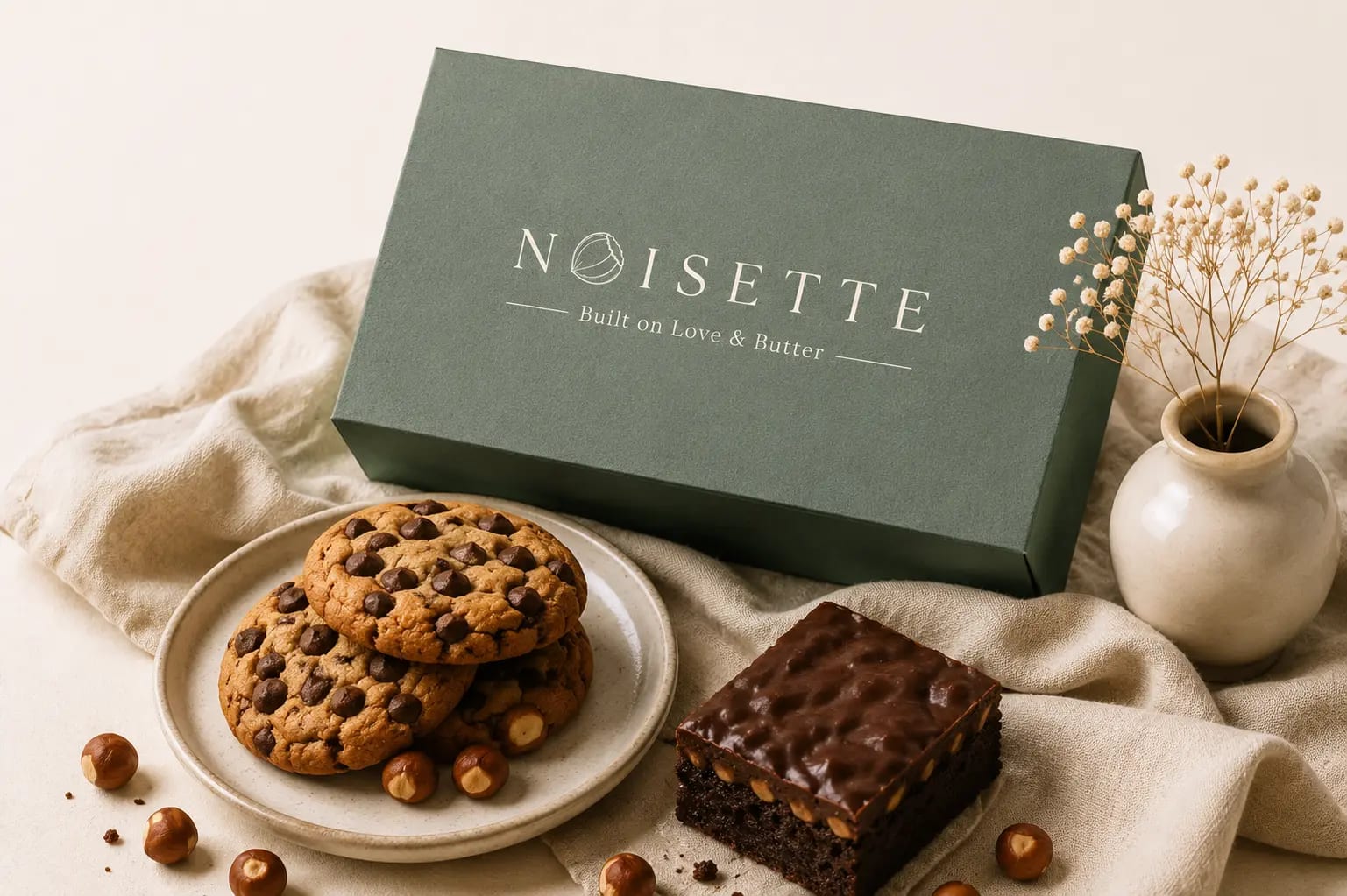 Fresh Noisette cookies and brownie beside a premium bakery box
