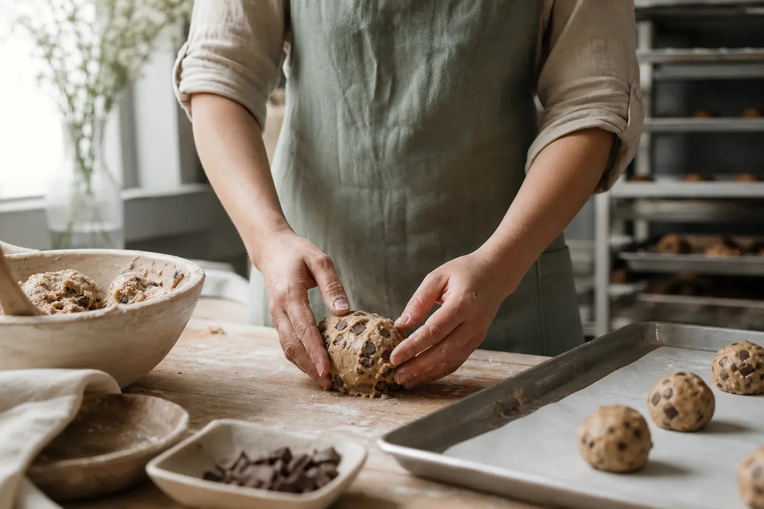 A baker carefully shaping fresh chocolate chip cookie dough