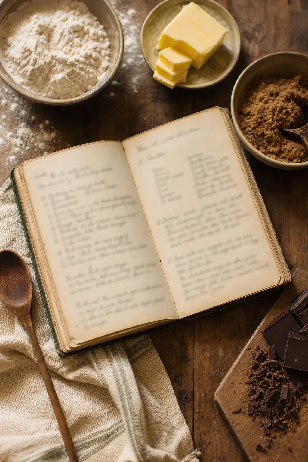 An original recipe notebook surrounded by baking ingredients