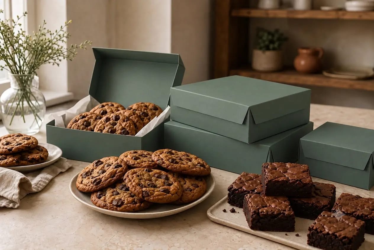 Fresh Noisette cookies and brownies beside sage bakery boxes