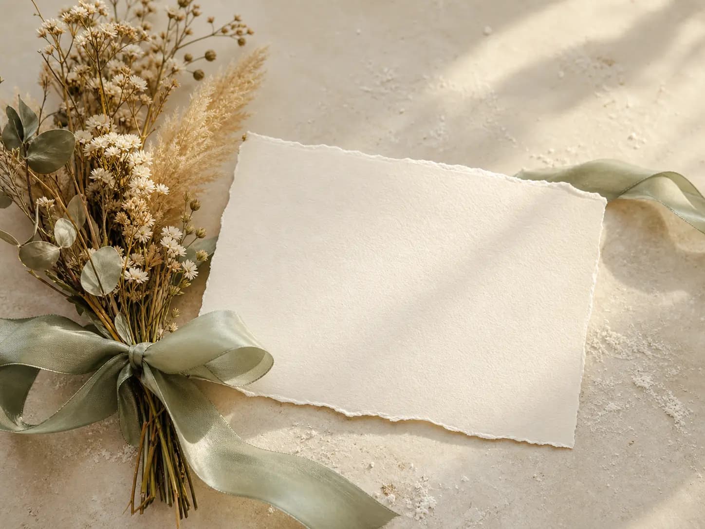 An ivory thank-you card with dried flowers and a sage ribbon